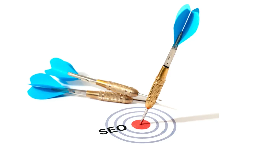 Dart hitting the bullseye with SEO text representing precision in competitive intelligence for SEO.