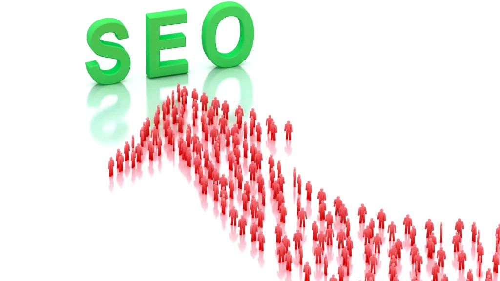 Green SEO letters surrounded by red figures representing competitive intelligence for SEO performance.