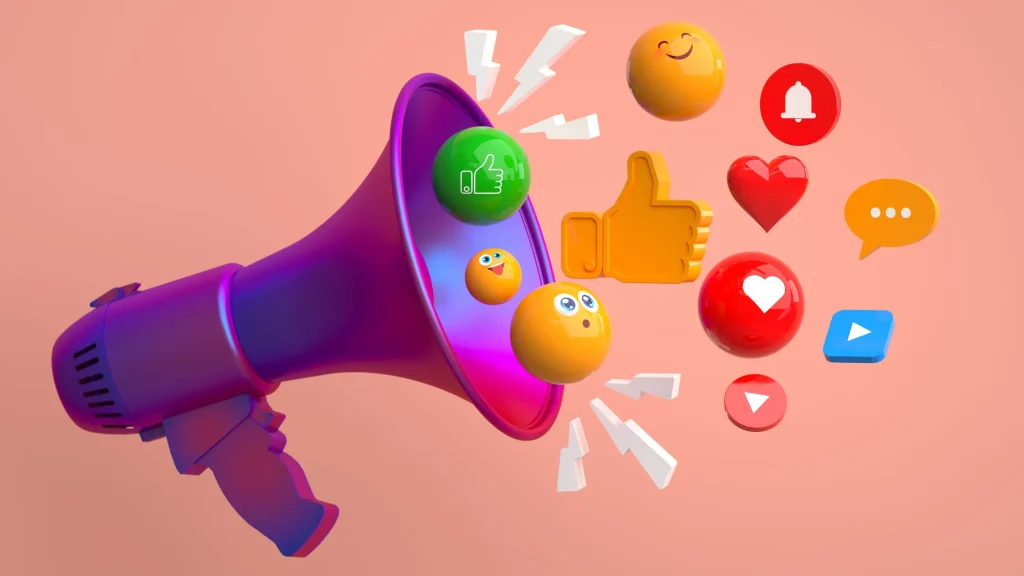 A loudspeaker emitting colorful social media icons, symbolizing the outreach of Digital Marketing Agency Insurance.