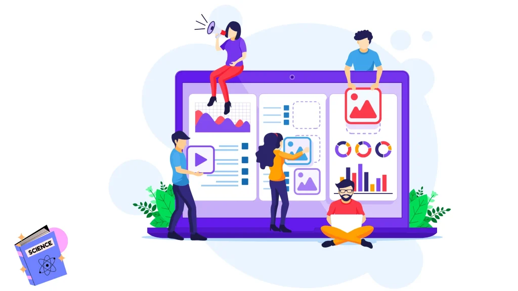Creative team working on digital marketing solutions for life sciences, with visual graphs and content creation.