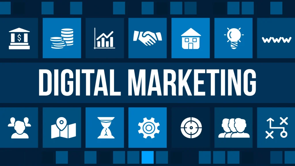 Digital marketing icons representing strategies for small businesses, focusing on growth and online presence.