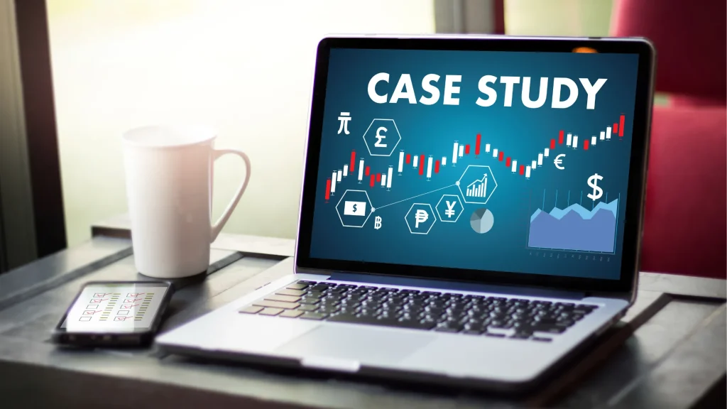 Laptop showing financial graphs and Cybersecurity SEO case study with data points and market analysis.