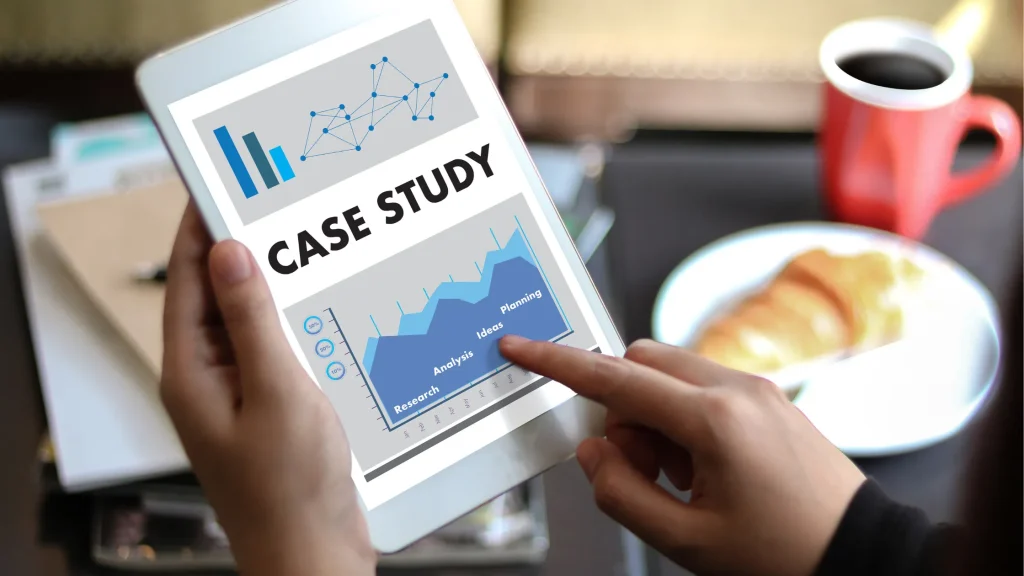 Tablet displaying Cybersecurity SEO case study with research, analysis, and planning graphs.