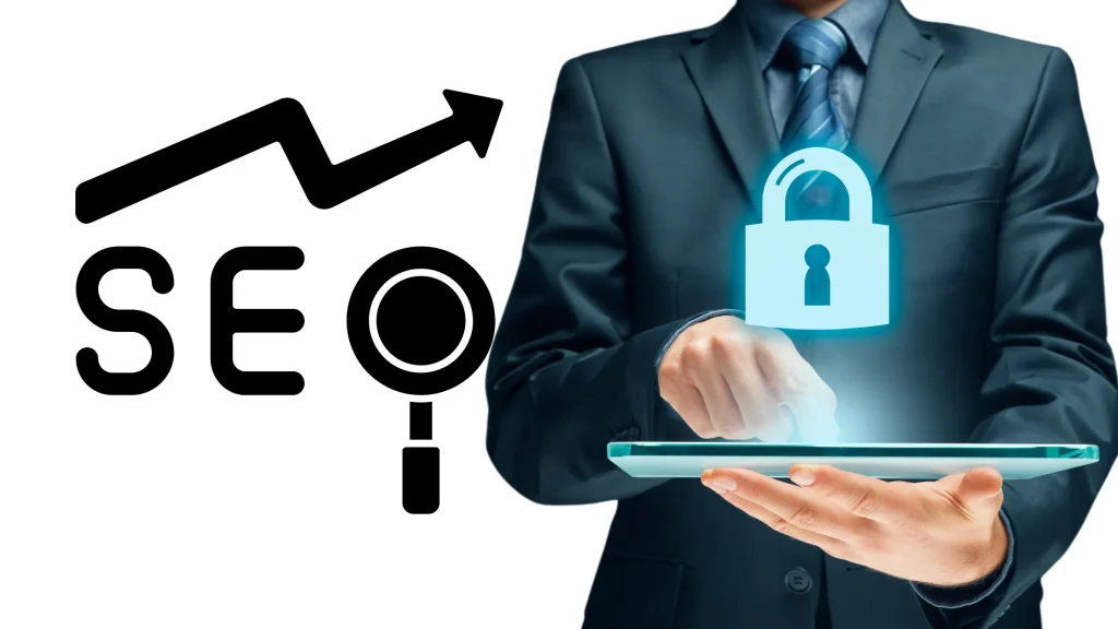 Businessman analyzing Cybersecurity SEO case study with upward graph, search icon, and a lock symbol.