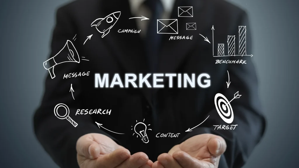 Marketing strategy concepts shown around the word 'MARKETING' in faceless Digital Marketing Strategy approach.