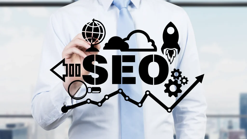 Business professional showcasing SEO growth icons, representing Local SEO Agency Growmatic's impact on SEO results.