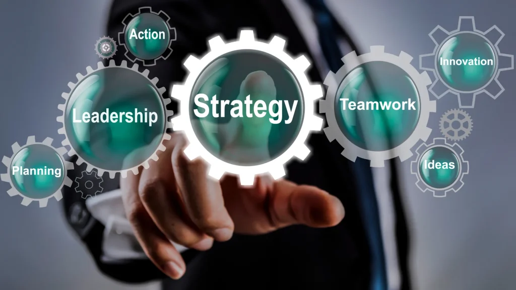 Various business concepts like leadership, planning, and teamwork displayed in gears, aligning with Montana Digital Marketing Strategy.