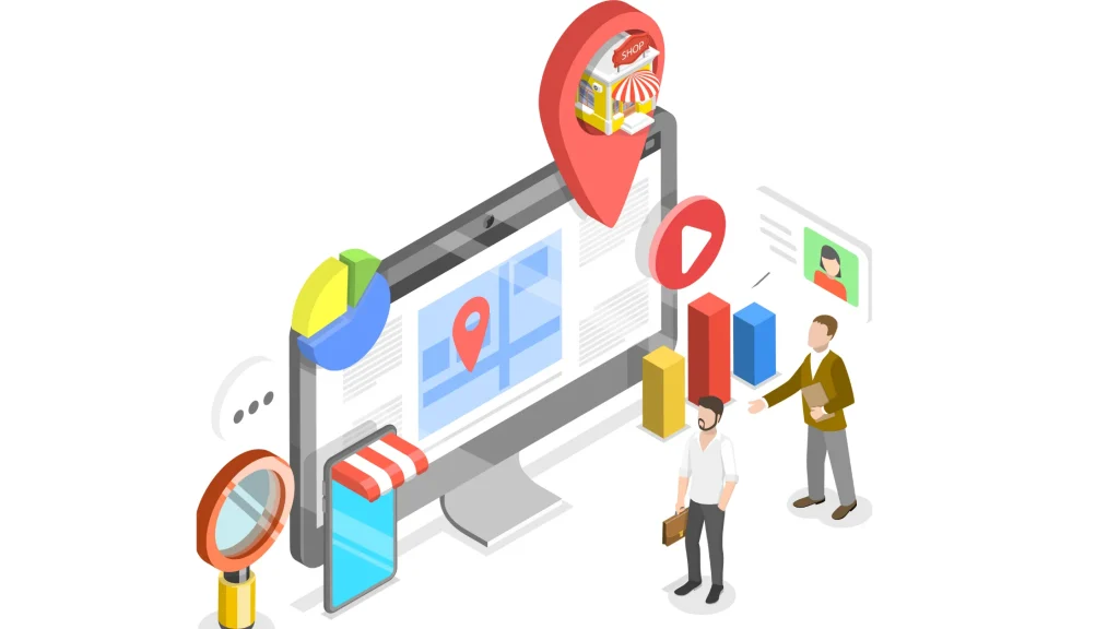 Illustration of location-based SEO tools with website icons, representing SEO Services for Photographers and their local reach.