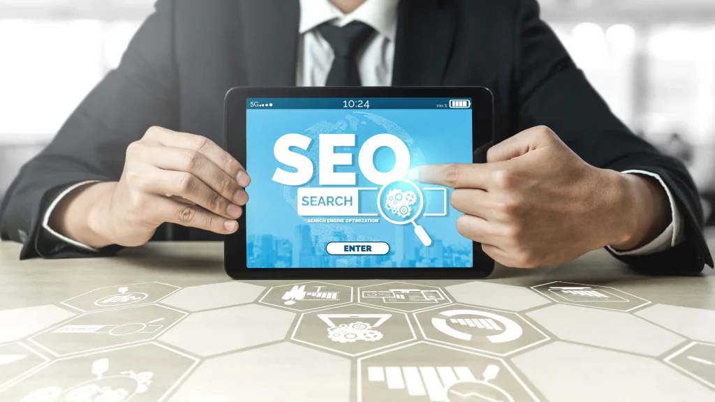 Business professional interacting with an SEO search interface, showcasing the value of SEO Services for Photographers.
