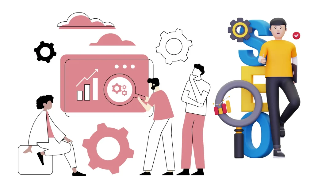 Illustration of SEO tools and growth graph, emphasizing SEO Services for Photographers to boost online presence.